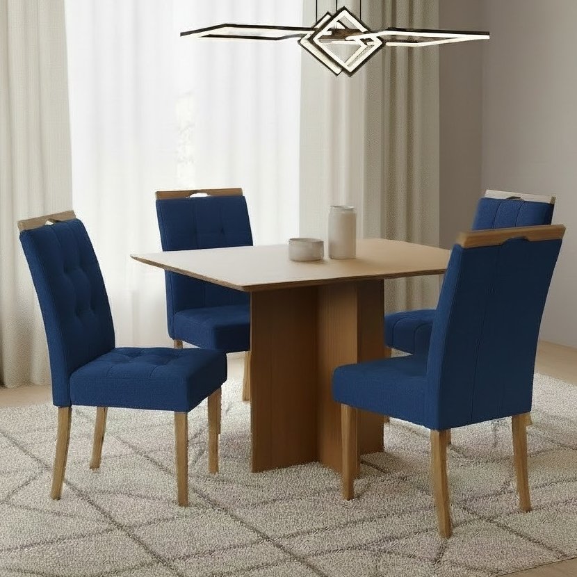 Mesa Pérola 90 Imbuia Mel (Tampo Viena s/vidro) com 4 Cadeiras Sophia Veludo Azul – CARVALHO DECOR + WM DECOR