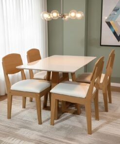 Mesa Pedro 120 Mel/Off White com 4 Cadeiras Havana Veludo Creme – ART ASSENTOS + RUFATO