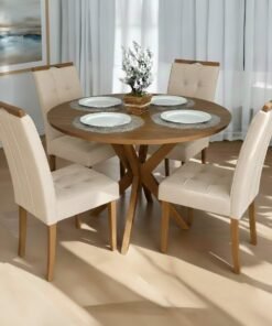 Mesa Redonda Simpatia 108 Cinamomo com 4 Cadeiras Sophia Veludo Bege – JCM MOVELARIA + WM DECOR