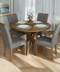 Mesa Redonda Simpatia 108 Cinamomo com 4 Cadeiras Sophia Veludo Cinza Grafite – JCM MOVELARIA + WM DECOR