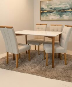 Mesa Ravena 120 Naturale/Off White com 4 Cadeiras Sophia Linho Bege 200 – CLEFATOS DECOR + WM DECOR