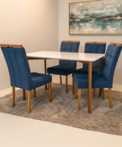 Mesa Ravena 120 Naturale/Off White com 4 Cadeiras Sophia Veludo Azul – CLEFATOS DECOR + WM DECOR