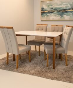 Mesa Ravena 120 Naturale/Off White com 4 Cadeiras Sophia Veludo Bege – CLEFATOS DECOR + WM DECOR