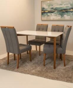 Mesa Ravena 120 Naturale/Off White com 4 Cadeiras Sophia Veludo Cinza Grafite – CLEFATOS DECOR + WM DECOR