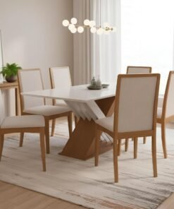 Mesa Graviola BA29 160 Canela/Off White com 6 Cadeiras Lara 2CMM007CA Linho Areia – KAPPESBERG