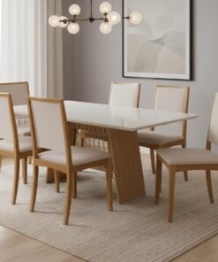 Mesa Damiana BA56 160 Canela/Off White com 6 Cadeiras Lara 2CMM007CA Linho Areia – KAPPESBERG