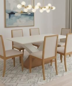 Mesa Amora BA35 160 Canela/Off White com 6 Cadeiras Lara 2CMM007CA Linho Areia – KAPPESBERG