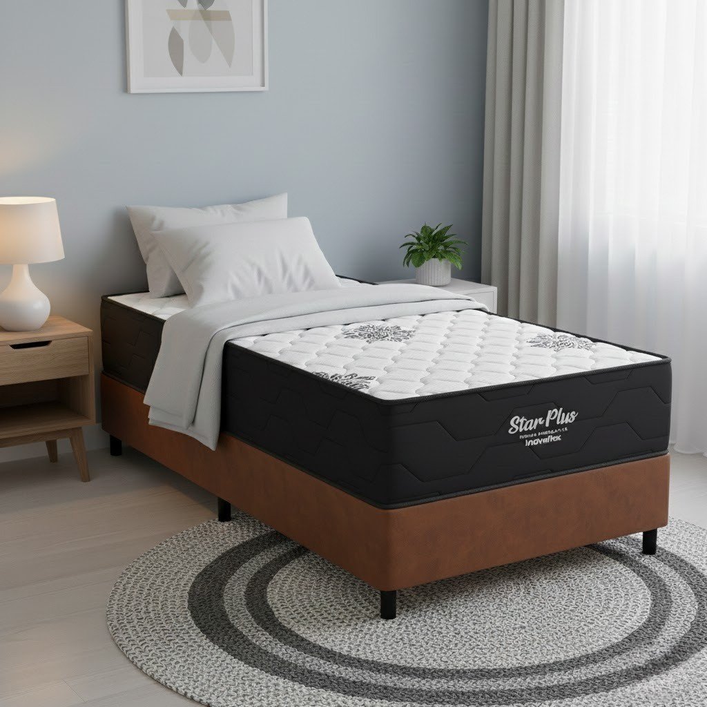Colchão Solteiro Star Plus D26 + Base Box Simples Corino Marrom – INOVAFLEX + ALTO NÍVEL CAMAS E COLCHÕES