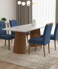 Mesa Nevada 120 (Tampo Smart Plus) Cinamomo/Off White com 4 Cadeiras Sophia Veludo Azul – CEL MÓVEIS + WM DECOR