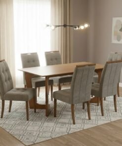 Mesa Dubai 160 (Tampo Londres s/vidro) Cinamomo com 6 Cadeiras Sophia Veludo Cinza Grafite – CEL MÓVEIS + WM DECOR