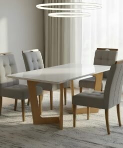 Mesa Dubai 120 (Tampo Londres) Cinamomo/Off White com 4 Cadeiras Sophia Veludo Cinza Grafite – CEL MÓVEIS + WM DECOR