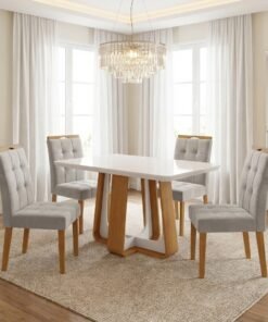 Mesa Sintonia (Tampo Maxi) 120 Amêndoa Clean/Off White com 4 Cadeiras Sophia Veludo Bege – LOPAS + WM DECOR