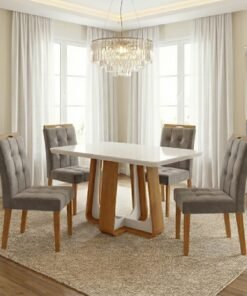 Mesa Sintonia (Tampo Maxi) 120 Amêndoa Clean/Off White com 4 Cadeiras Sophia Veludo Cinza Grafite – LOPAS + WM DECOR