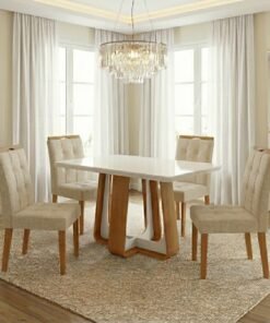 Mesa Sintonia (Tampo Maxi) 120 Amêndoa Clean/Off White com 4 Cadeiras Sophia Linho Bege 200 – LOPAS + WM DECOR