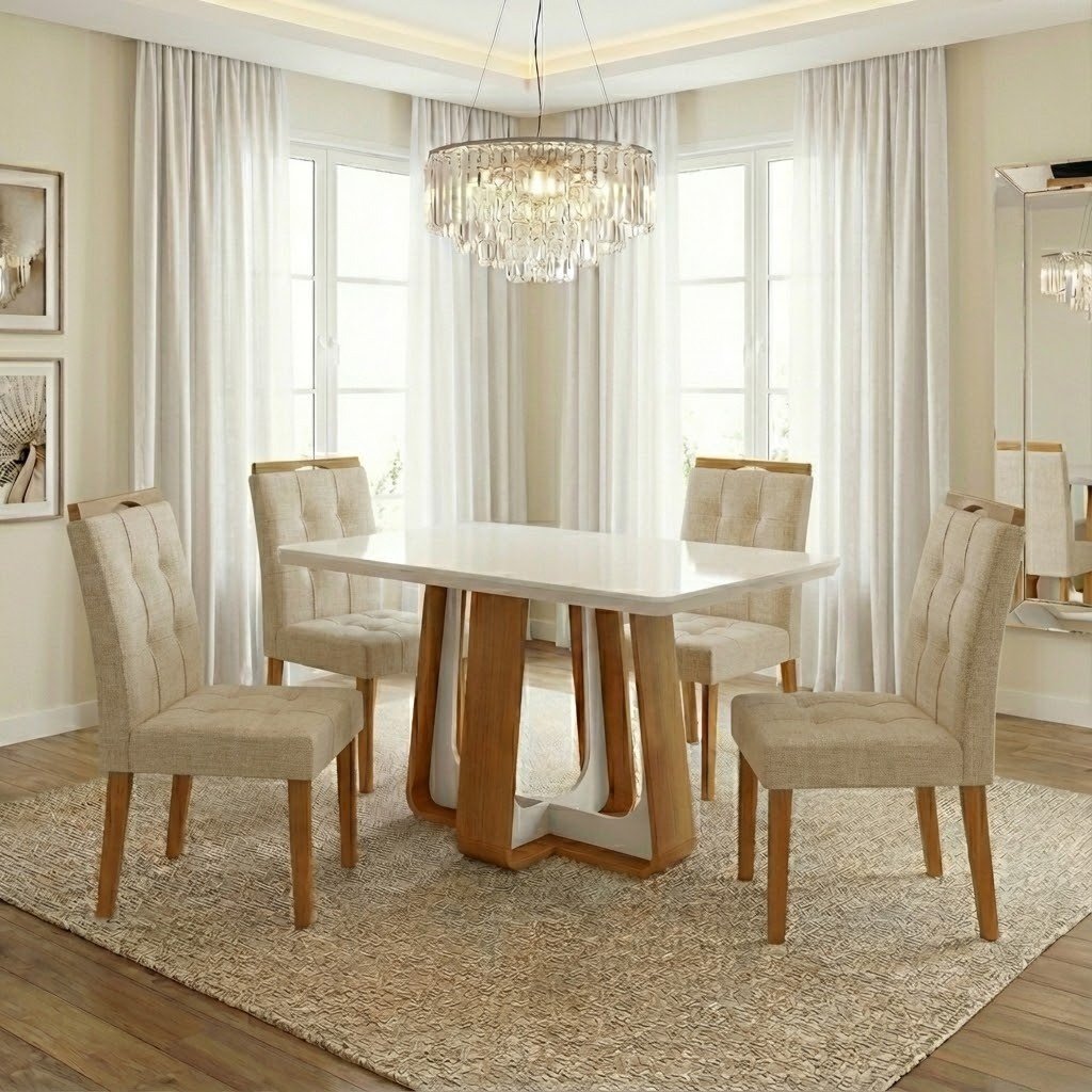 Mesa Sintonia (Tampo Maxi) 120 Amêndoa Clean/Off White com 4 Cadeiras Sophia Linho Bege 200 – LOPAS + WM DECOR