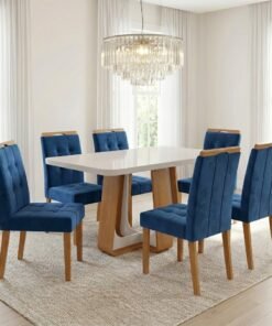 Mesa Sintonia (Tampo Maxi) 170 Amêndoa Clean/Off White com 6 Cadeiras Sophia Veludo Azul – LOPAS + WM DECOR