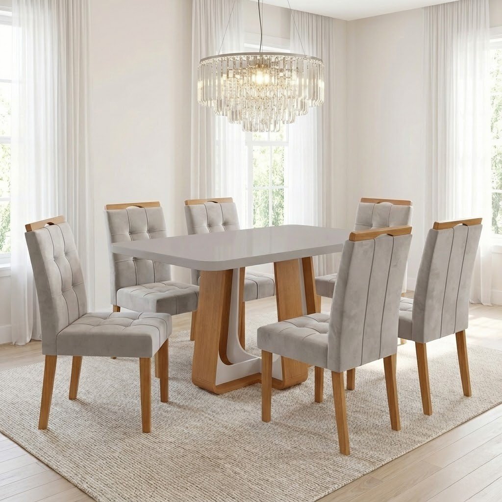 Mesa Sintonia (Tampo Maxi) 170 Amêndoa Clean/Off White com 6 Cadeiras Sophia Veludo Bege – LOPAS + WM DECOR