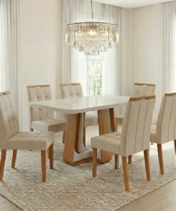 Mesa Sintonia (Tampo Maxi) 170 Amêndoa Clean/Off White com 6 Cadeiras Sophia Linho Bege 200 – LOPAS + WM DECOR