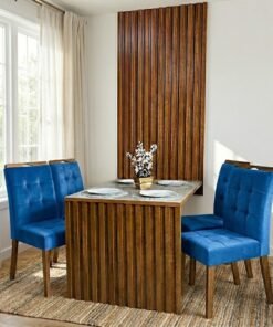 Mesa Cancun 120 Cinamomo/Off White com 4 Cadeiras Sophia Veludo Azul – CEL MÓVEIS + WM DECOR