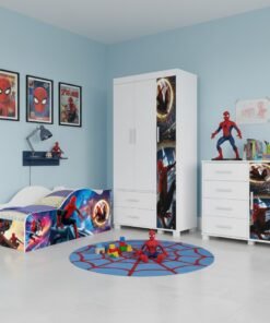 Guarda-Roupa 3 Portas Lívia + Cômoda 4 Gavetas com Sapateira Lívia + Cama Juvenil Carro Homem-Aranha 14 (Menino) – MADEC MÓVEIS