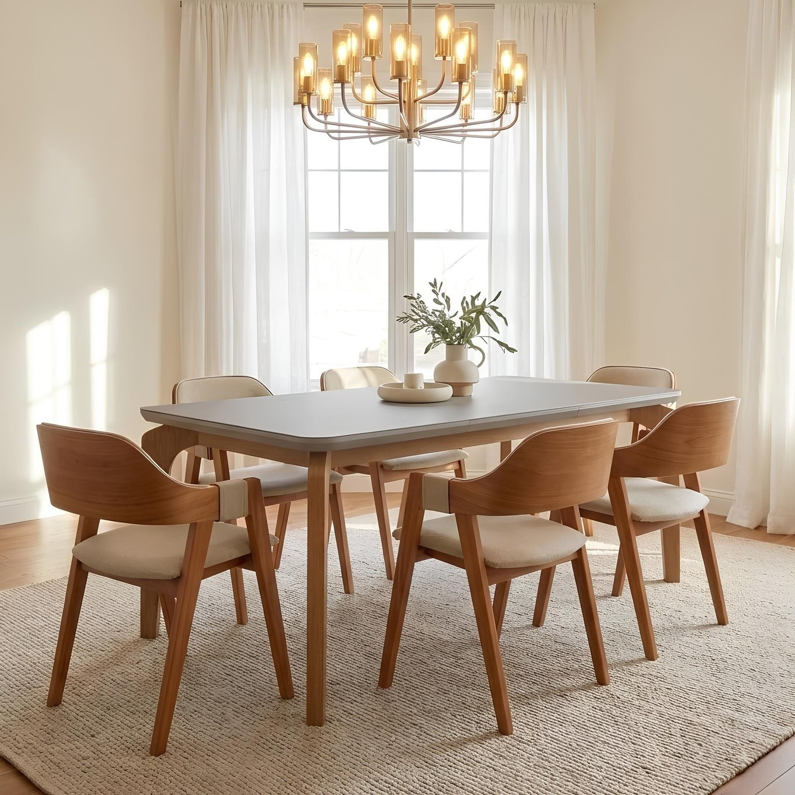 Mesa Londrina 180 Naturale/Off White com 6 Cadeiras Pérola Linho Areia– RUFATO + WJ DECOR