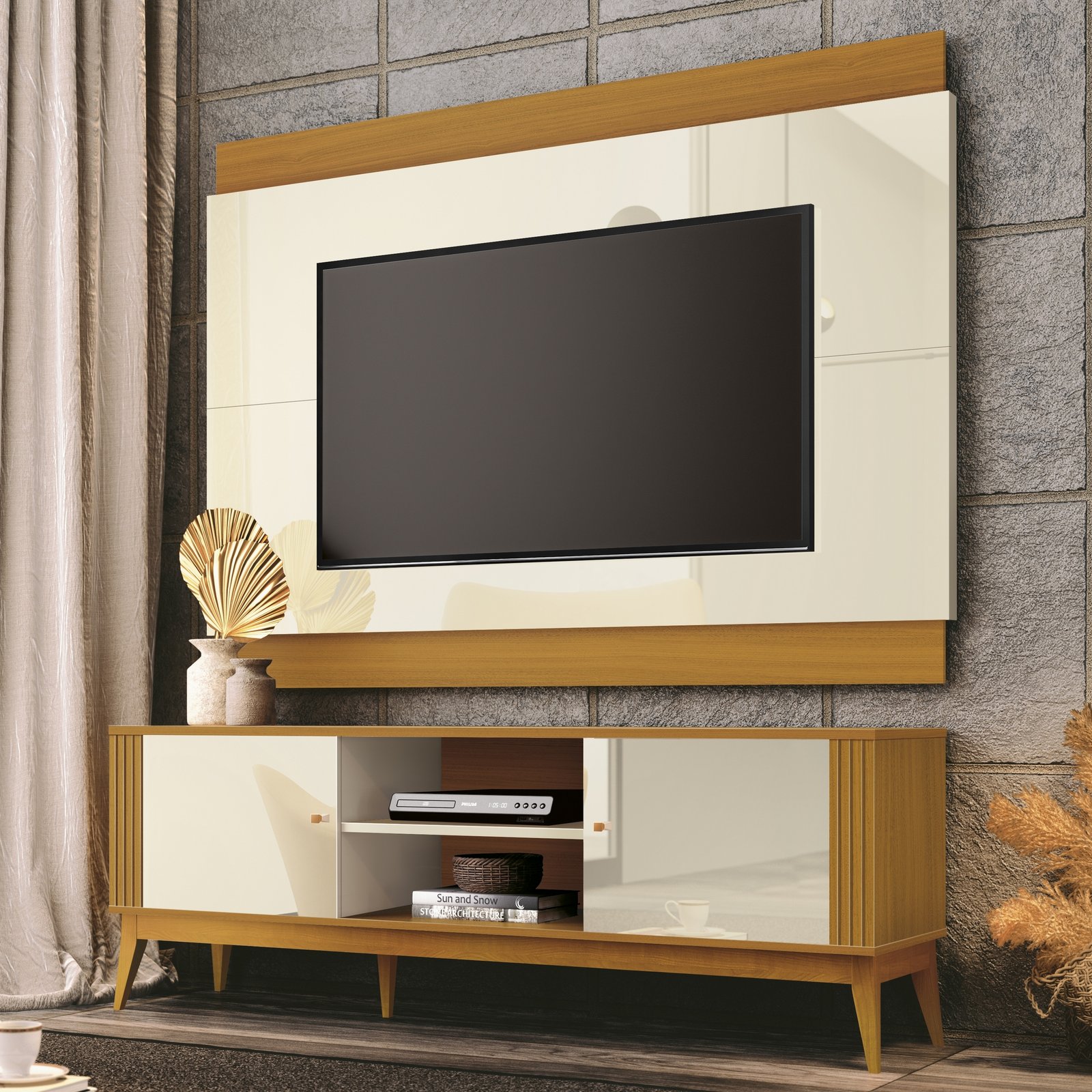 Painel + Rack até 60″ Legacy 1.6 Off White/Cedro Natural – EDN MÓVEIS