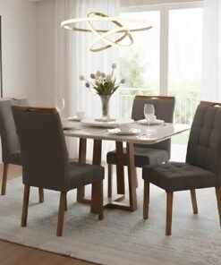 Mesa Pedro 120 Mel/Off White com 4 Cadeiras Sophia Veludo Cinza Grafite – ART ASSENTOS + WM DECOR