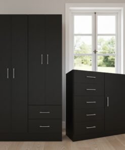 Guarda-Roupa 4 Portas Panamá 4002 + Cômoda 5 Gavetas Sapateira Miami Preto – FELLICCI