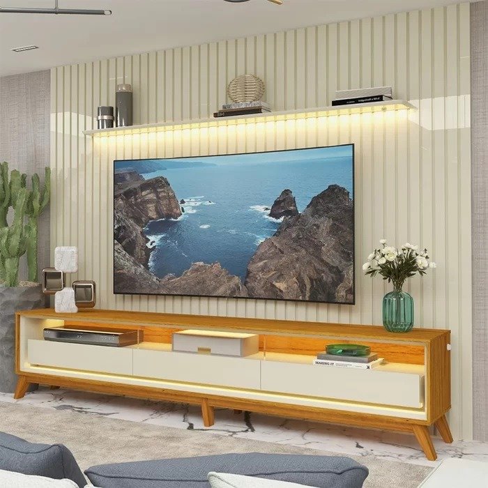 Painel até 85″ Nobre 230 Off White + Rack Requinte 212 Naturale/Off White – GELIUS