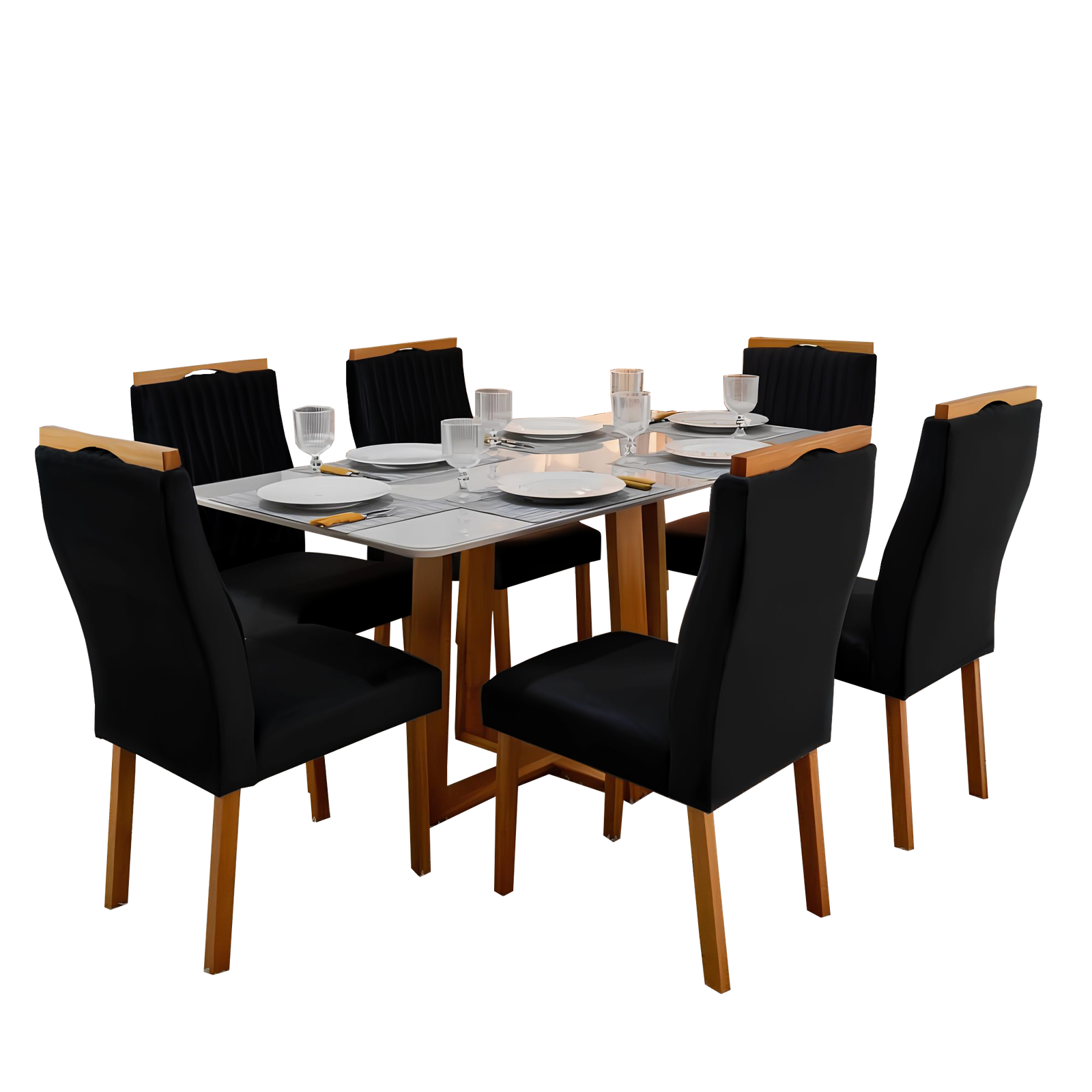 Mesa Pedro 160 Mel/Off White com 6 Cadeiras Gênova Veludo Preto – ART ASSENTOS - Imagem 3