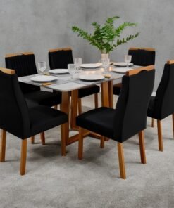 Mesa Pedro 160 Mel/Off White com 6 Cadeiras Gênova Veludo Preto – ART ASSENTOS