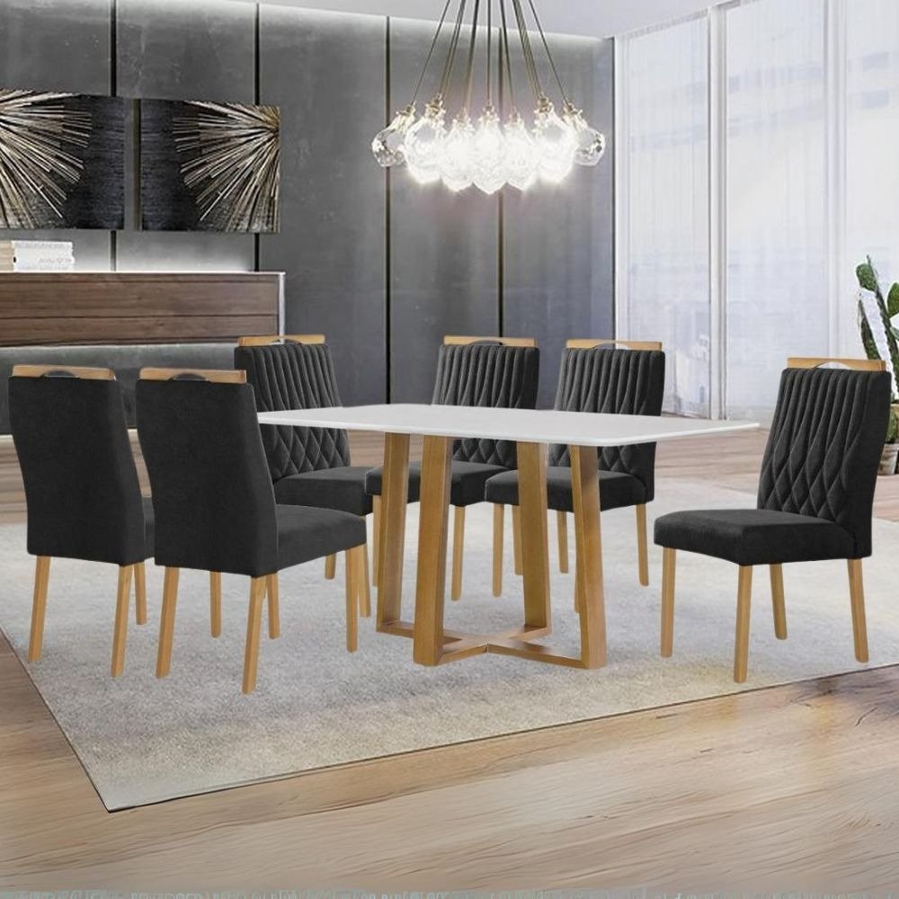 Mesa Pedro 160 Mel/Off White com 6 Cadeiras Gênova Veludo Preto – ART ASSENTOS - Imagem 2