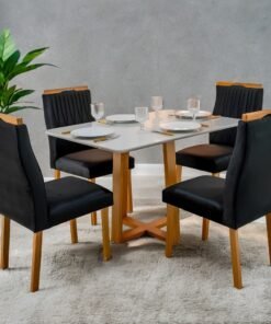 Mesa Pedro 120 Mel/Off White com 4 Cadeiras Gênova Veludo Preto – ART ASSENTOS