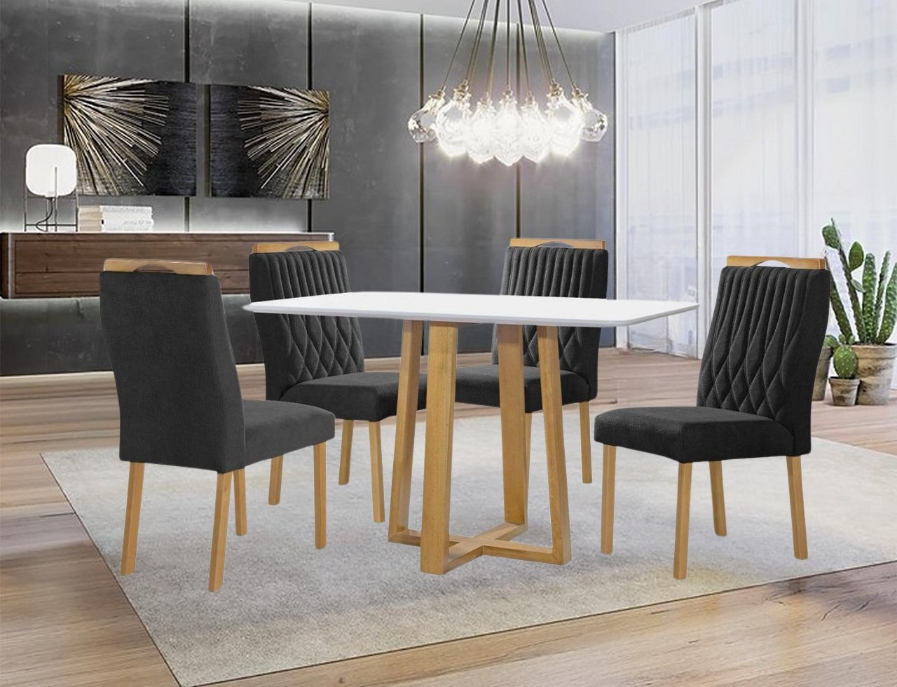 Mesa Pedro 120 Mel/Off White com 4 Cadeiras Gênova Veludo Preto – ART ASSENTOS - Imagem 2