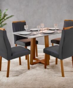 Mesa Pedro 90 Mel/Off White com 4 Cadeiras Gênova Veludo Cinza Grafite – ART ASSENTOS