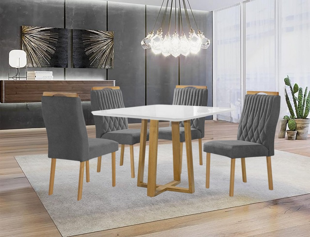 Mesa Pedro 90 Mel/Off White com 4 Cadeiras Gênova Veludo Cinza Grafite – ART ASSENTOS - Imagem 2