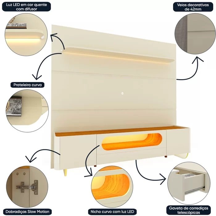Painel até 85″ Royal 220 Off White + Rack Nobre 210 (Pés de Vidro) Off White/Naturale – GELIUS - Imagem 2
