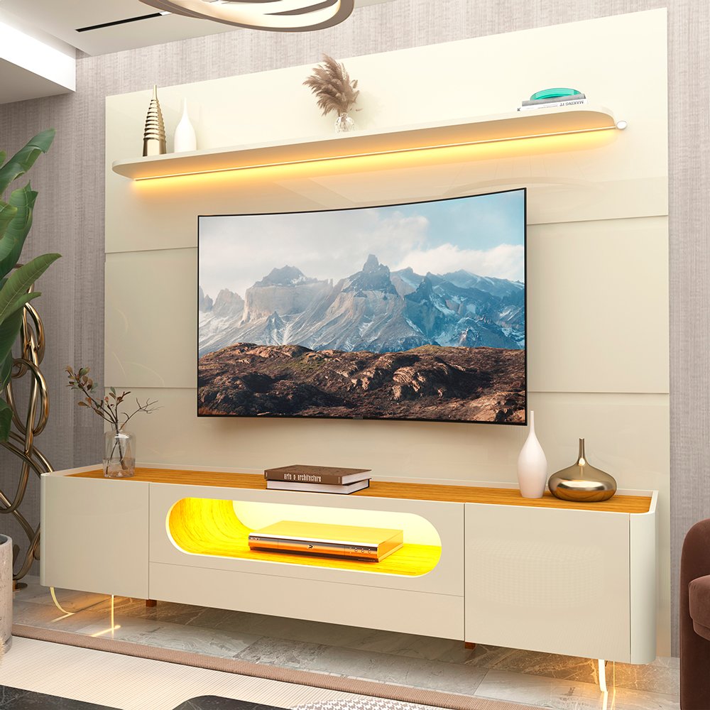 Painel até 85″ Royal 220 Off White + Rack Nobre 210 (Pés de Vidro) Off White/Naturale – GELIUS