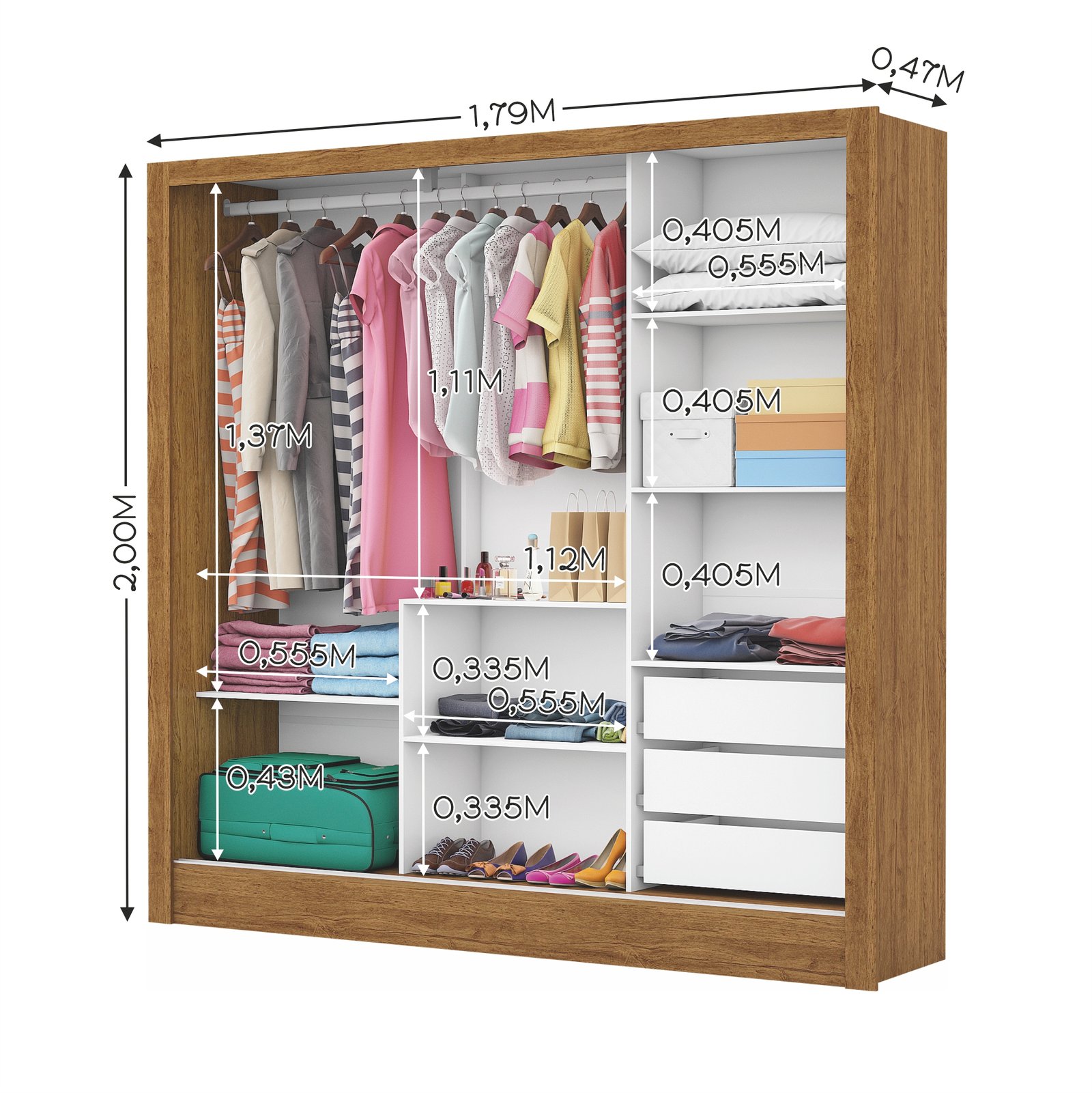 Guarda-Roupa 3 Portas Dubai/Santiago Plus (1 porta espelhada) 1,79 m Cinamomo/Branco - CARIOCA MÓVEIS - Imagem 3