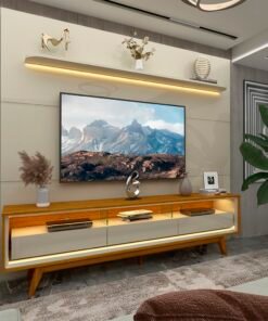Painel até 85″ Royal 220 Off White + Rack Requinte 212 Naturale/Off White – GELIUS