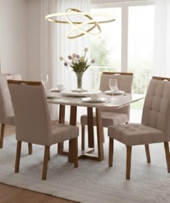 Mesa Pedro 90 Mel/Off White com 4 Cadeiras Sophia Veludo Bege – ART ASSENTOS + WM DECOR