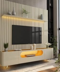 Painel até 85″ Nobre 230 Off White + Rack Nobre 210 (Pés de Vidro) Off White/Naturale – GELIUS