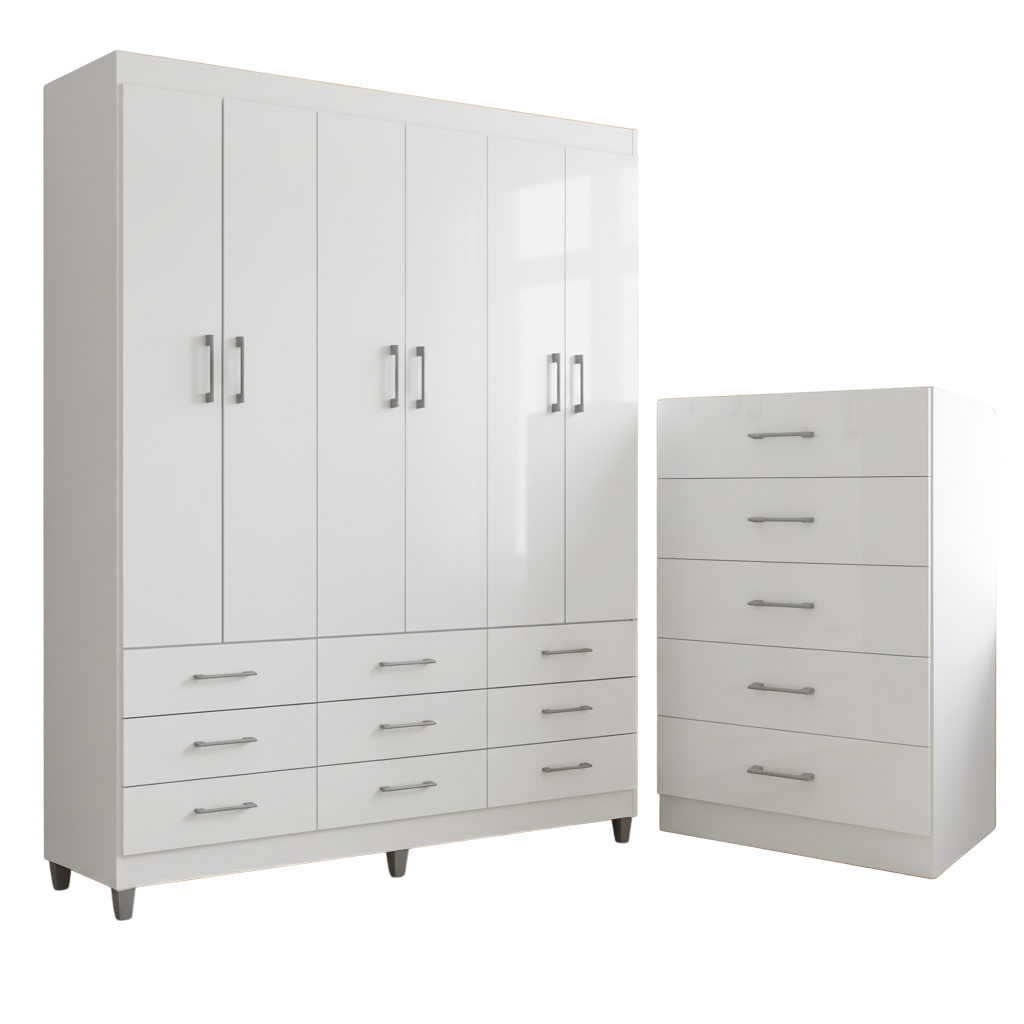 Guarda-Roupa 6 Portas Paraty 3690 + Cômoda 5 Gavetas Aruba Branco - FELLICCI - Imagem 3