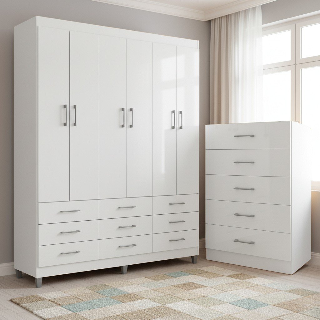 Guarda-Roupa 6 Portas Paraty 3690 + Cômoda 5 Gavetas Aruba Branco - FELLICCI