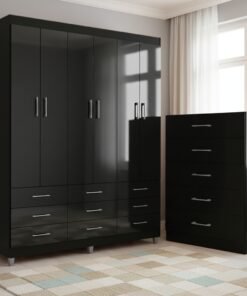 Guarda-Roupa 6 Portas Paraty 3690 + Cômoda 5 Gavetas Aruba Preto - FELLICCI