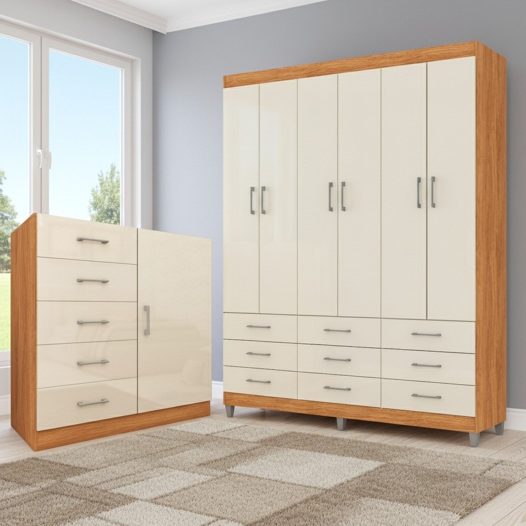Guarda-Roupa 6 Portas Paraty 3690 + Cômoda 5 Gavetas Sapateira Miami Cinamomo/Off White – FELLICCI