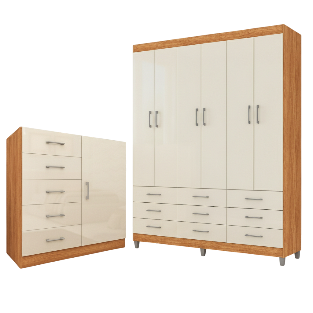 Guarda-Roupa 6 Portas Paraty 3690 + Cômoda 5 Gavetas Sapateira Miami Cinamomo/Off White – FELLICCI - Imagem 3