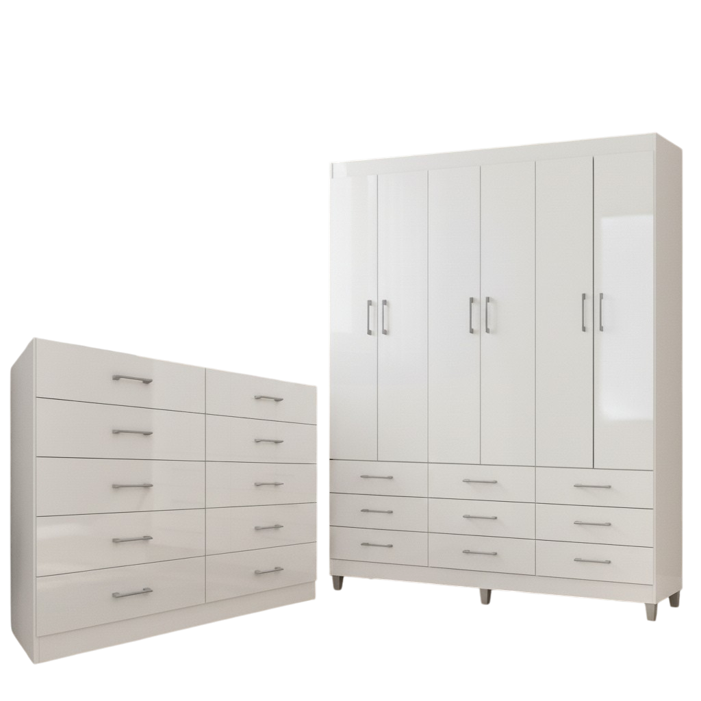 Guarda-Roupa 6 Portas Paraty 3690 + Cômoda 10 Gavetas Caribe Branco - FELLICCI - Imagem 3