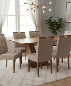 Mesa Classic 160 Cinamomo Laminado com 6 Cadeiras Sophia Veludo Bege – CEL MÓVEIS + WM DECOR