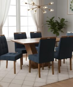 Mesa Classic 160 Cinamomo Laminado com 6 Cadeiras Sophia Veludo Azul – CEL MÓVEIS + WM DECOR